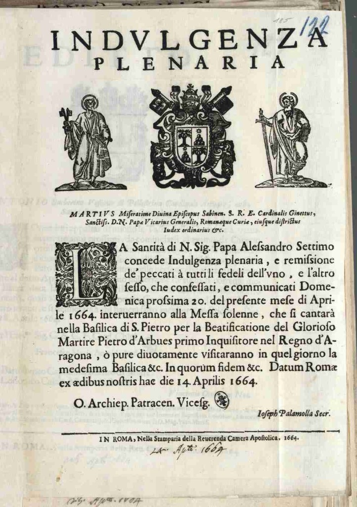 Un decreto di Indulgenza Plenaria emesso nel 1664